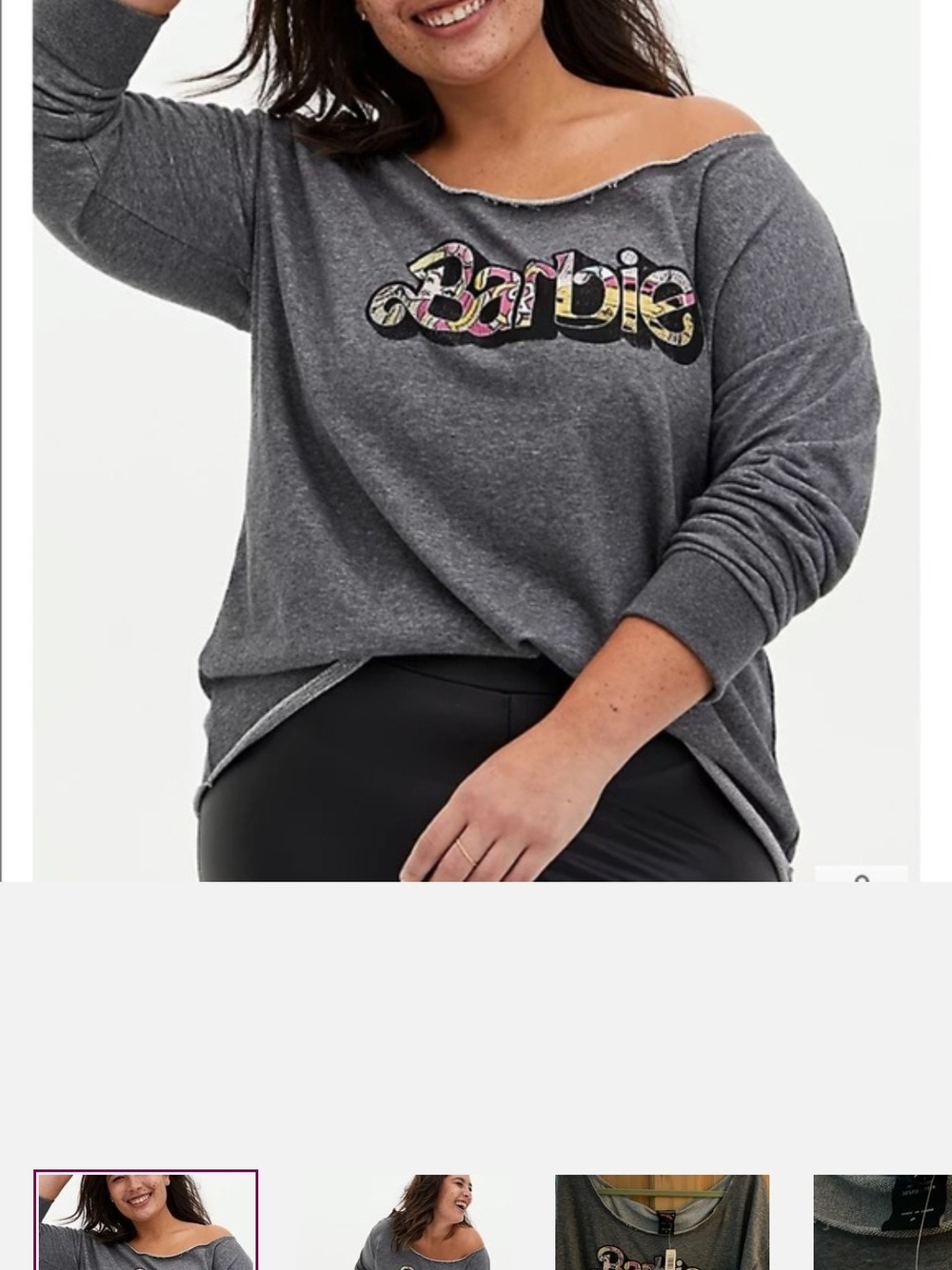 New Barbie Graphic Off-Shoulder Gray Sweatshirt Size 2